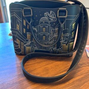 Black Handbag with Gold and White City Design